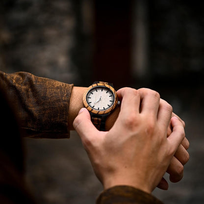 Model wearing Zen 2 Mens Minimalist Wood Wrist Watch on his wrist