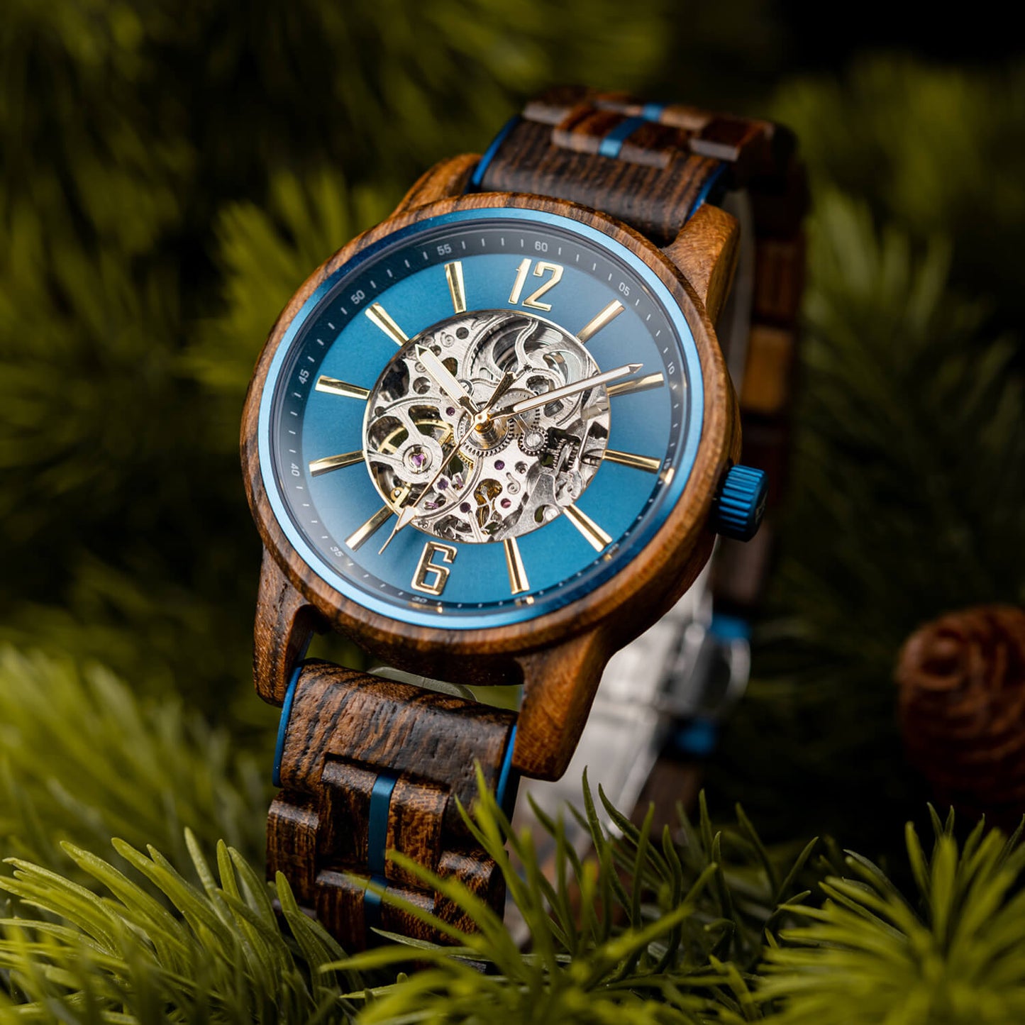 Side view of Men's Oceanus Blue Automatic Wooden Watch