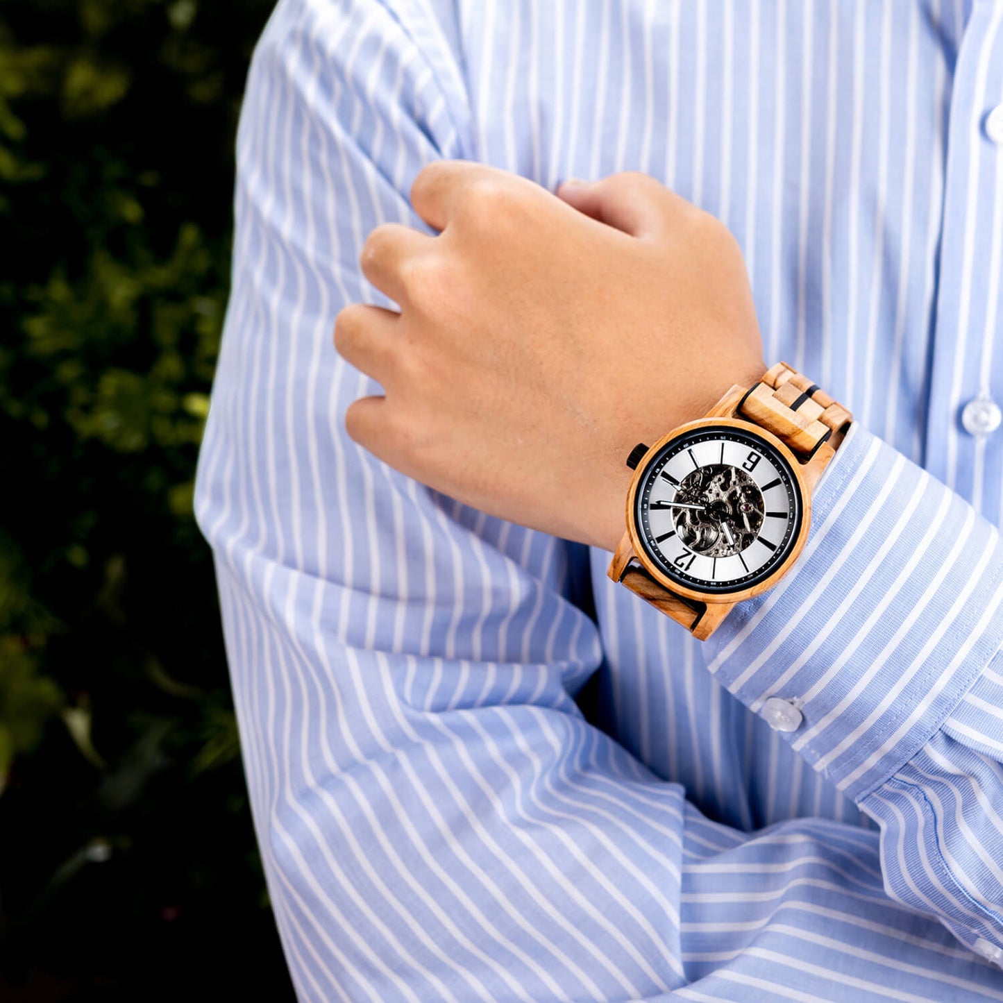 Man wearing Men's Oceanus White Automatic Wooden Watch on his wrist