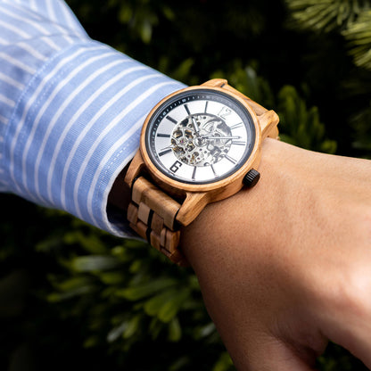 Model wearing Men's Oceanus White Automatic Wooden Watch on his wrist