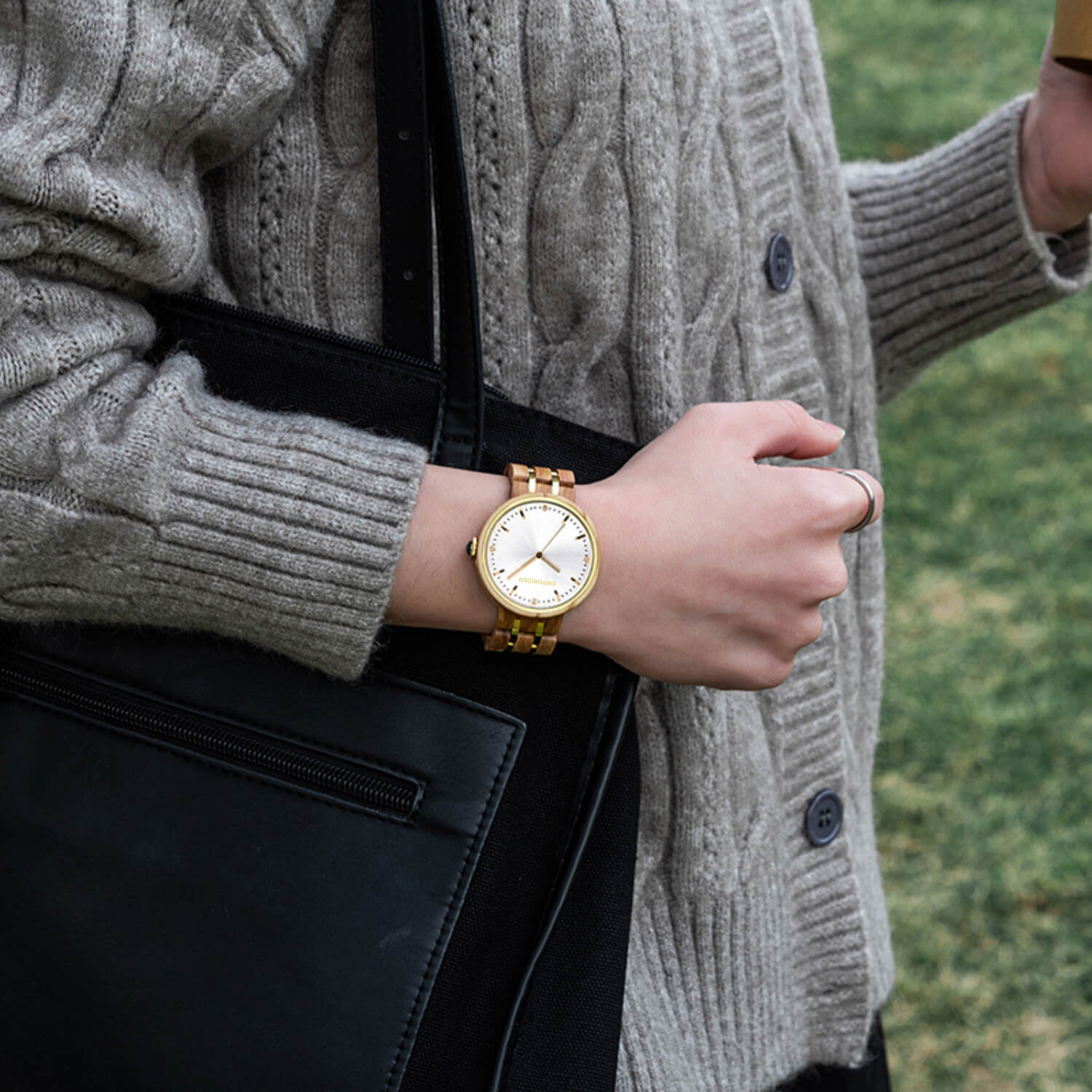 Mum wearing 38mm Personalized Wooden Watch for Women Queen Pearl on her wrist