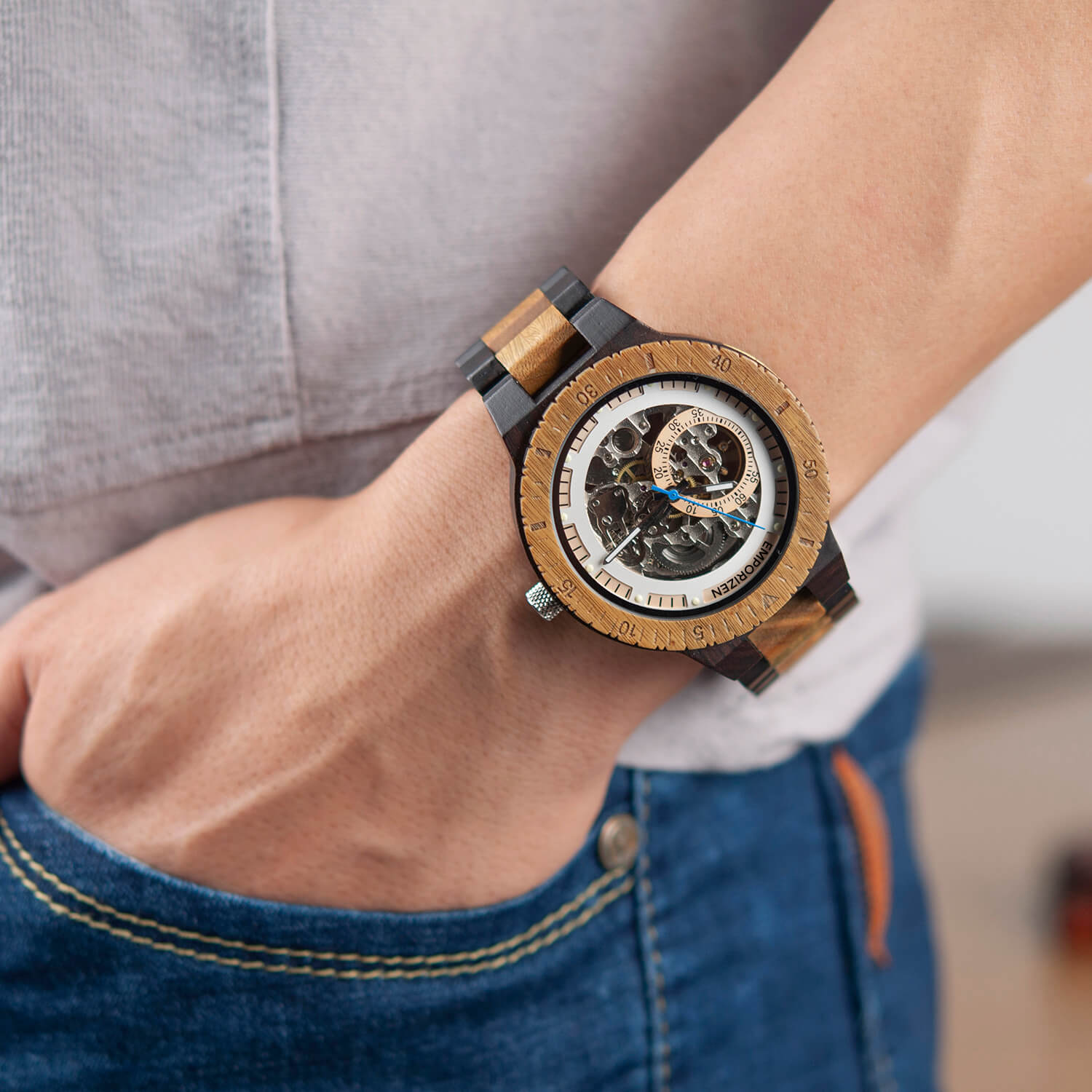 Father wearing Phoenix Brown Men's Automatic Wooden Watch on his wrist