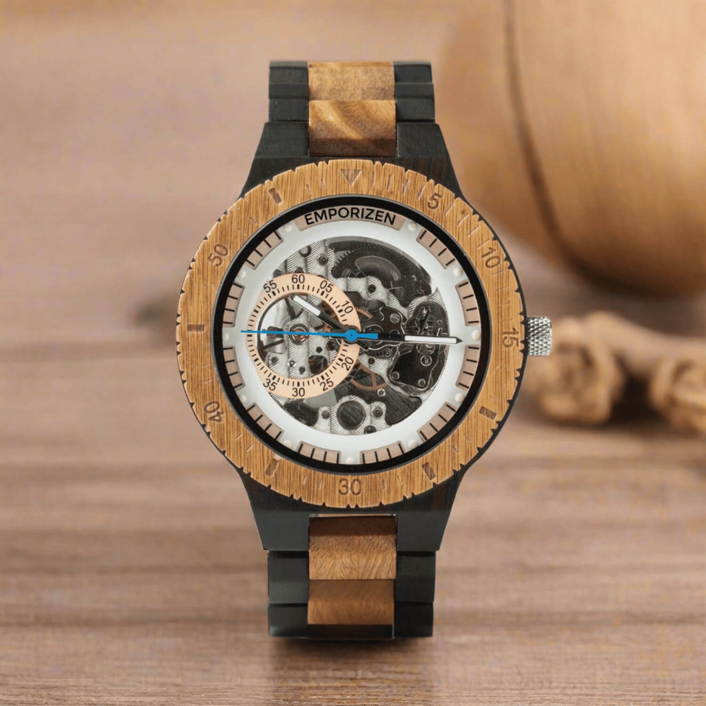 Front view of Phoenix Brown Men's Automatic Wooden Watch