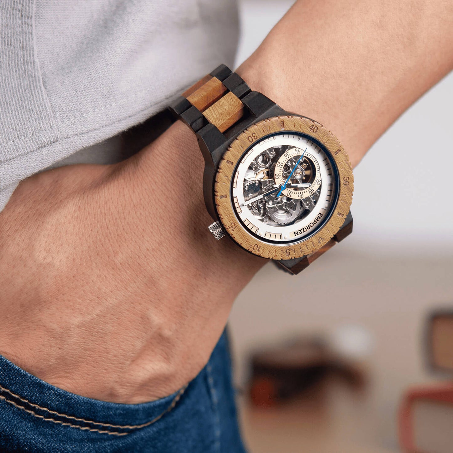 Man wearing Phoenix Brown Men's Automatic Wooden Watch on his wrist