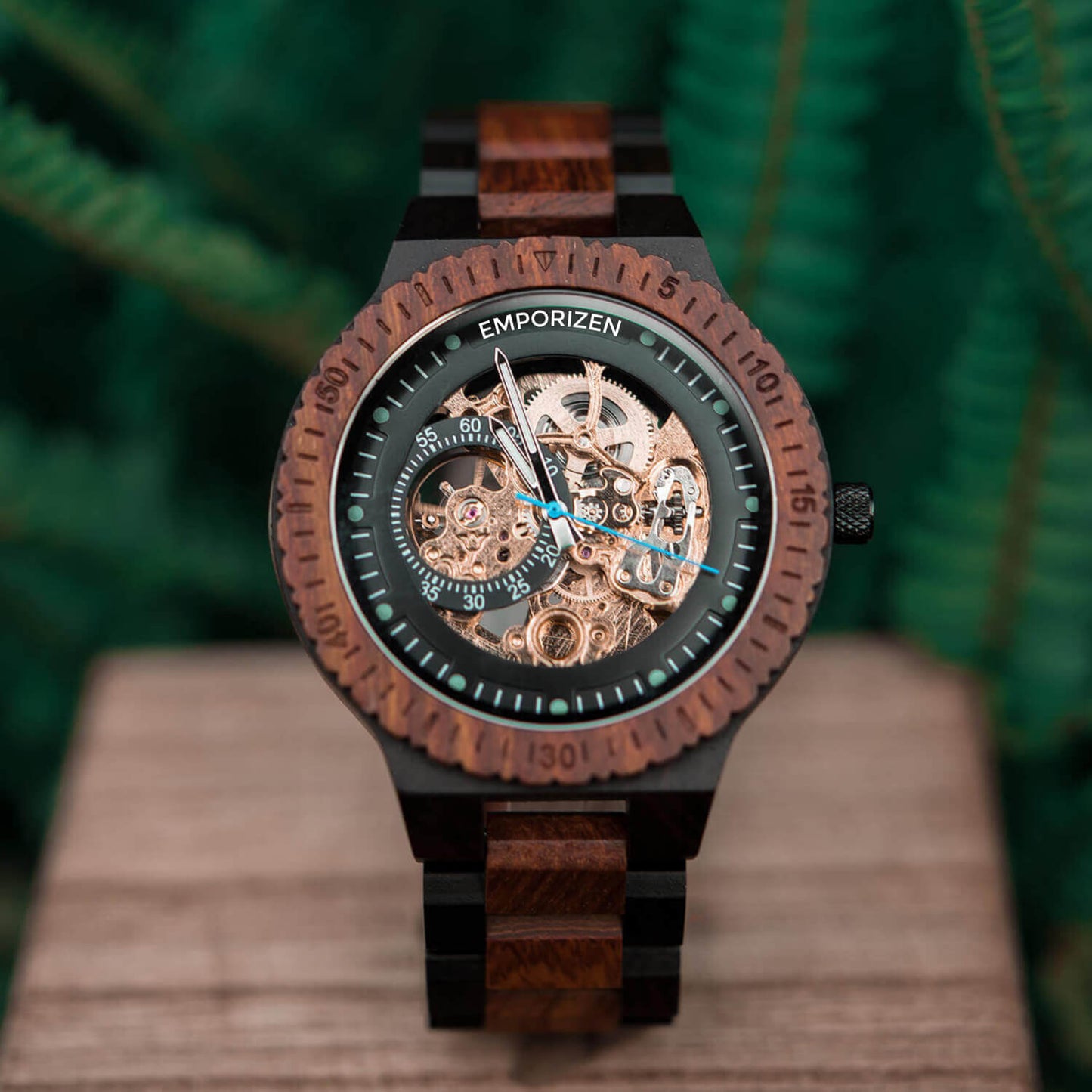 Front view of Phoenix Red Men's Automatic Wooden Watch