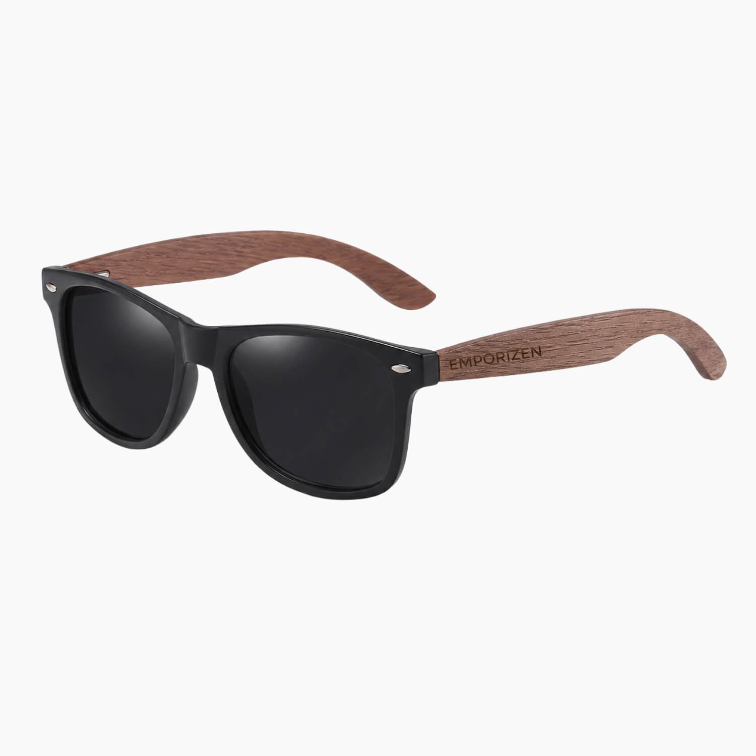 Wooden Sunglasses with black lenses on a white background