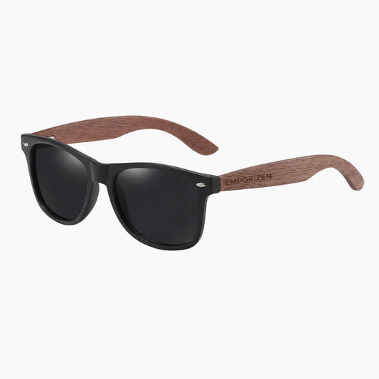 Wooden Sunglasses with black lenses on a white background