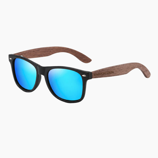 Walnut wood Sunglasses with blue lenses on a white background