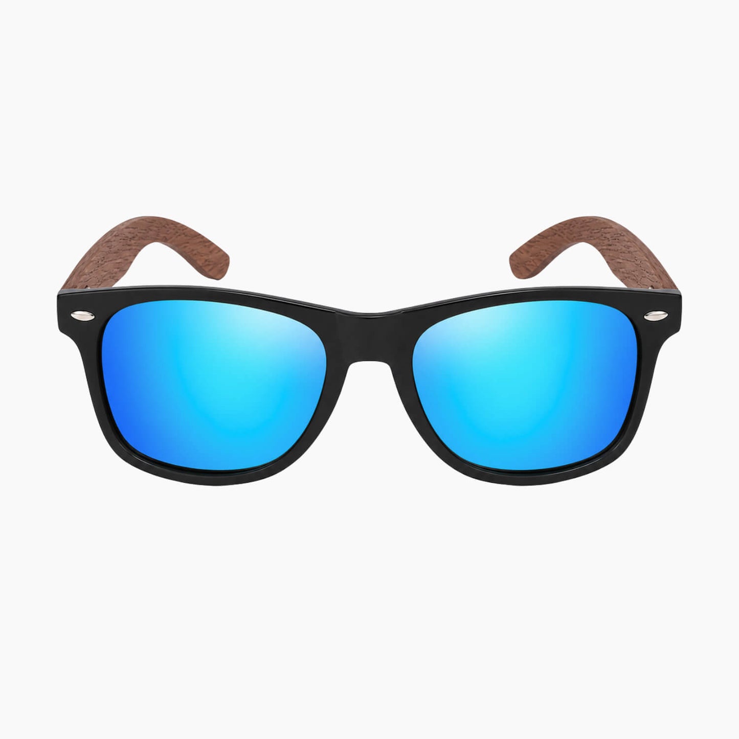 Unisex Wayfarer Sunglasses with blue reflective lenses and wooden arms on a white background
