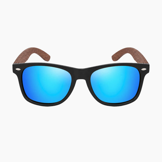 Unisex Wayfarer Sunglasses with blue reflective lenses and wooden arms on a white background