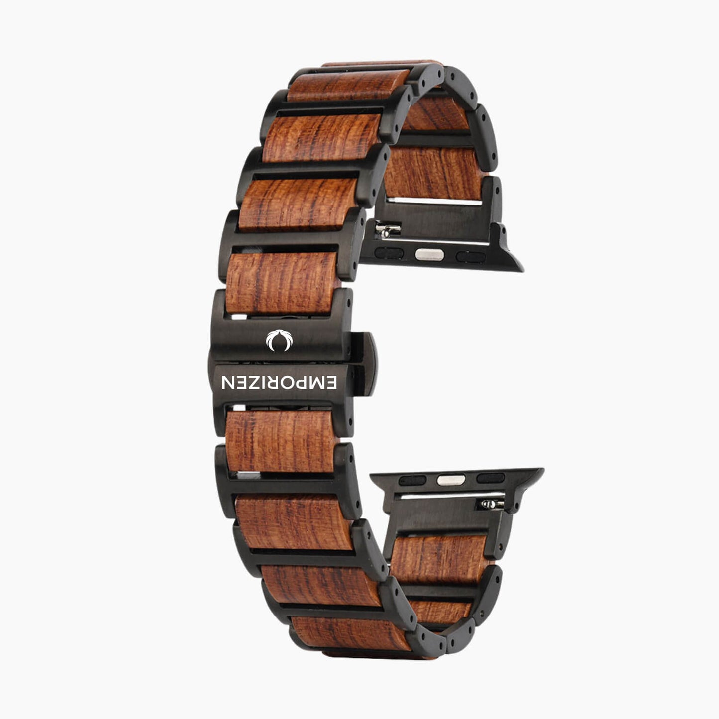 Premium sustainable Wooden apple watch strap with black metal clasp on a dark background