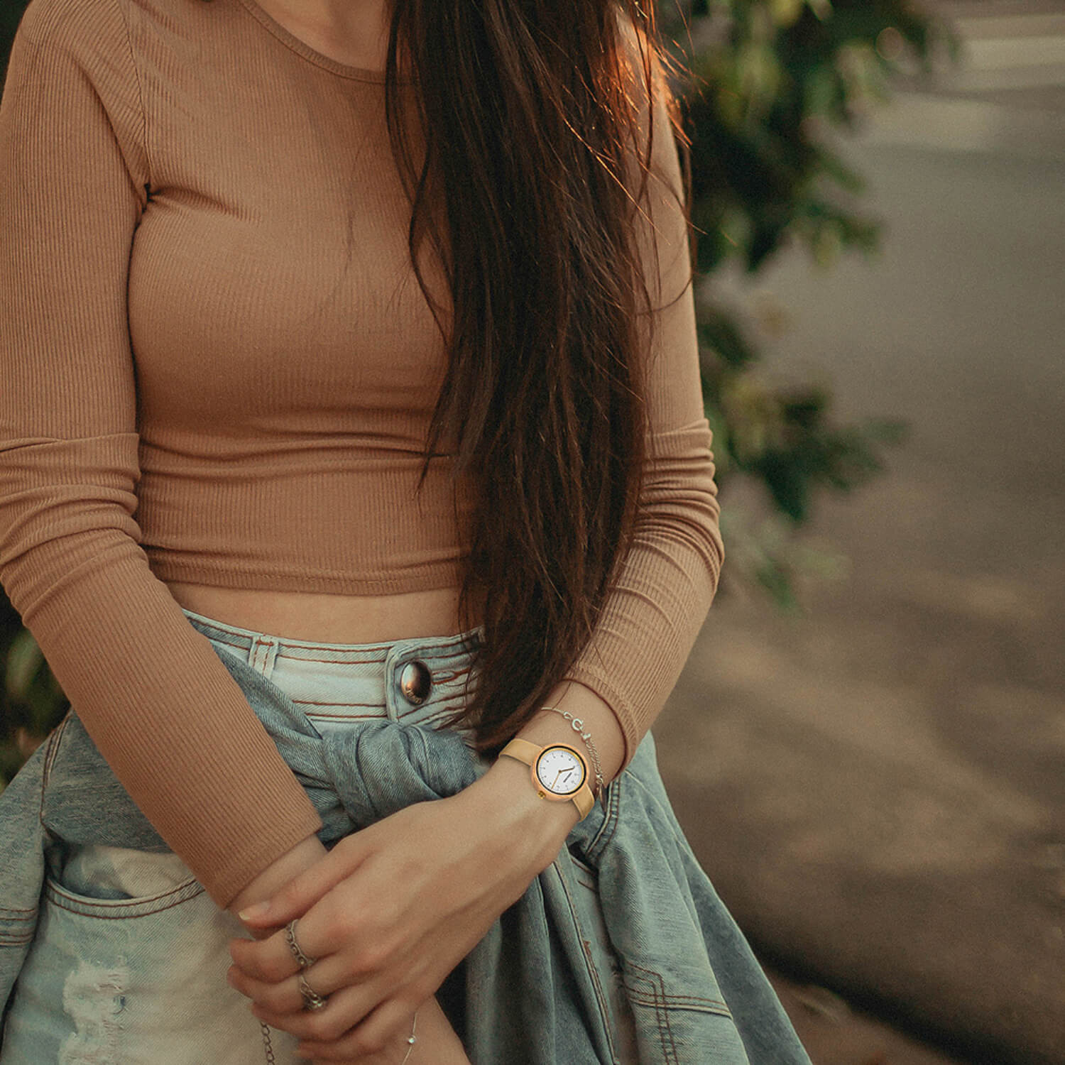 Woman wearing 36mm Women's Leather Wooden Watch Stockholm Beige