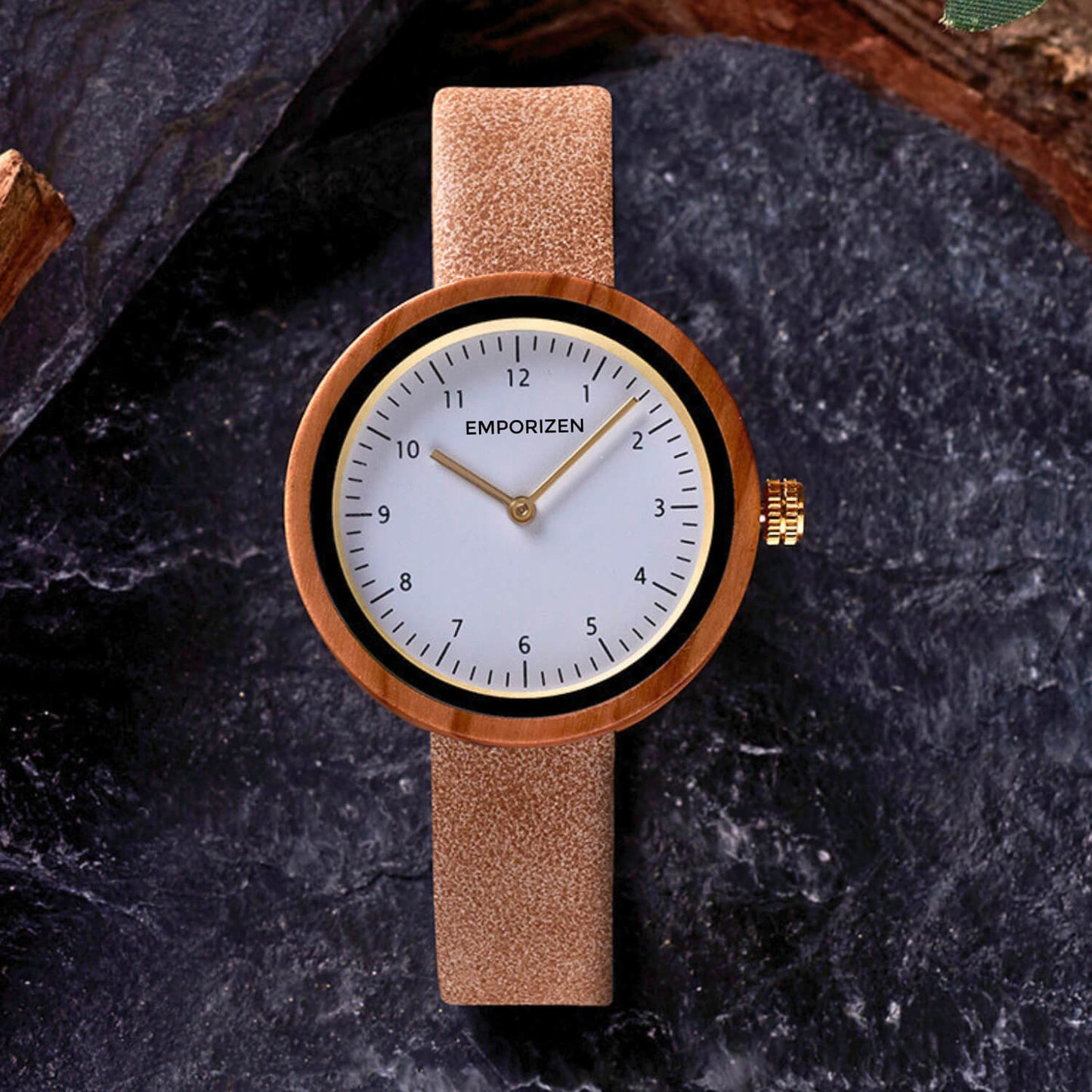 Front view of 36mm Women's Leather Wooden Watch Stockholm Beige