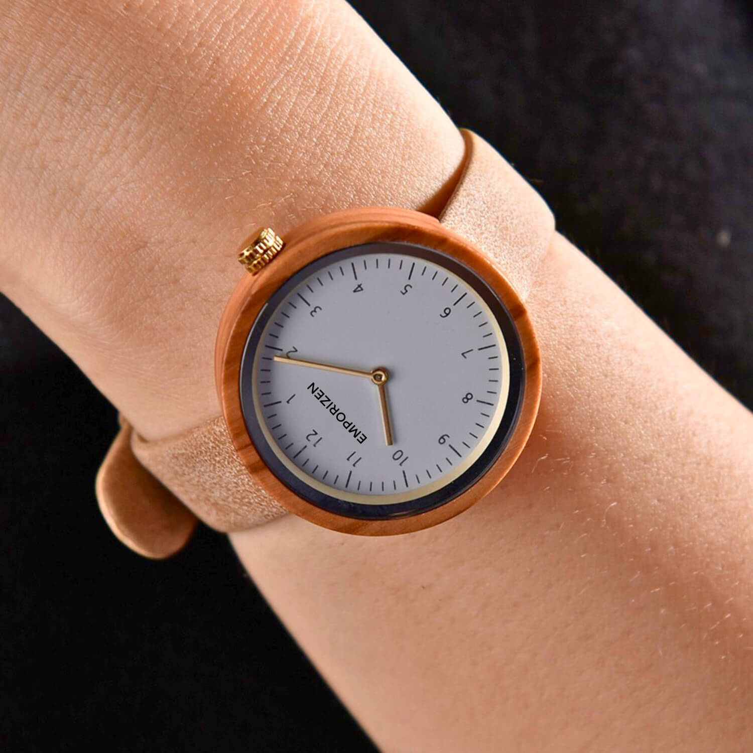 Sister wearing 36mm Women's Leather Wooden Watch Stockholm Beige