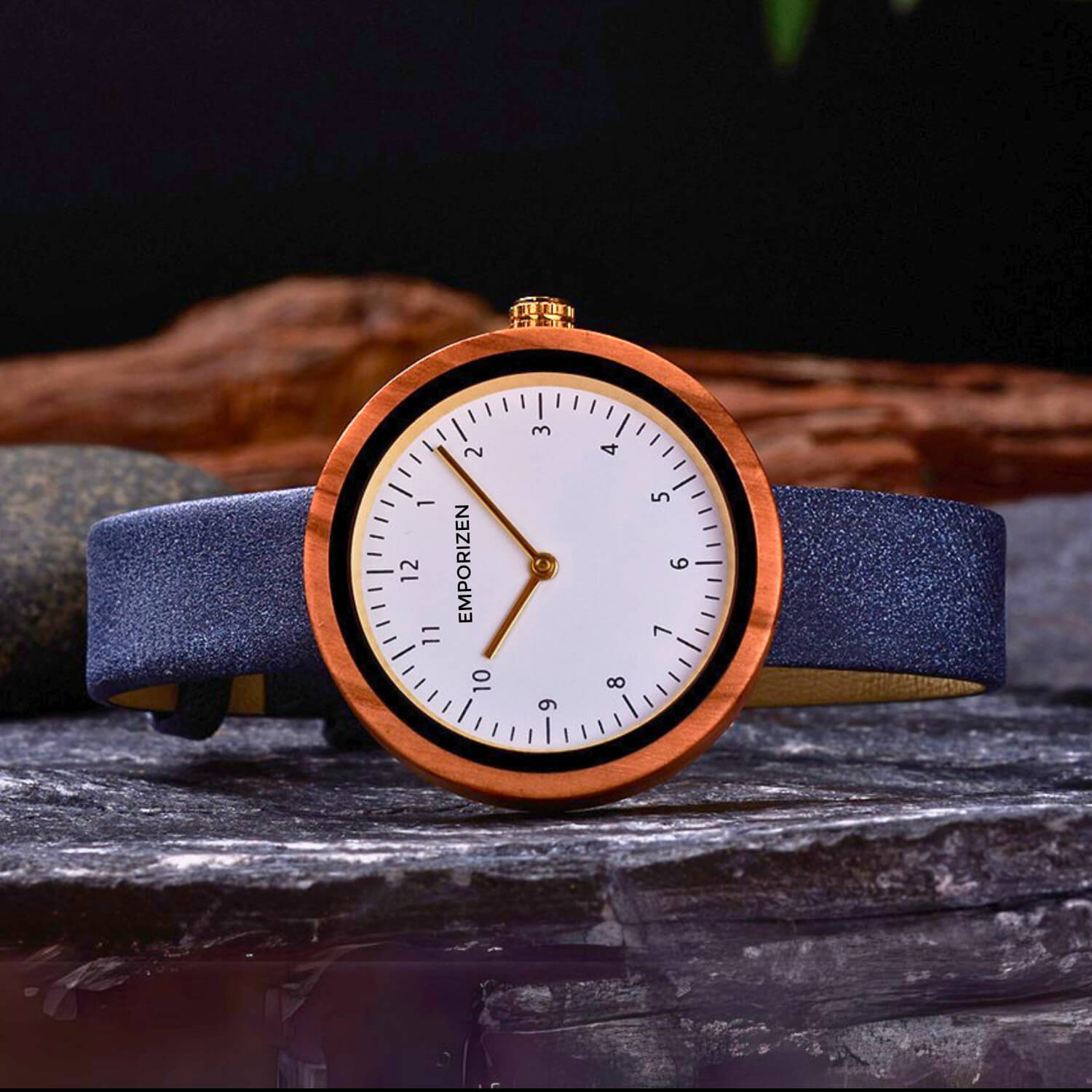 Horizontal view of the 36mm Stockholm Navy women's wooden and leather watch