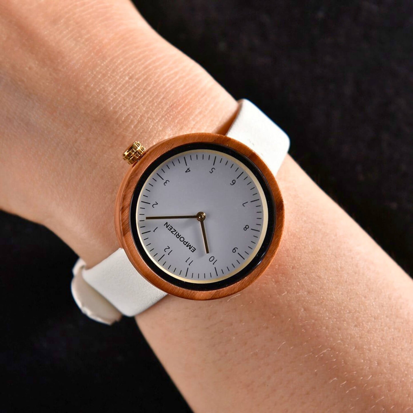 Girlfriend wearing 36mm Women's Leather Wooden Watch Stockholm White on her wrist