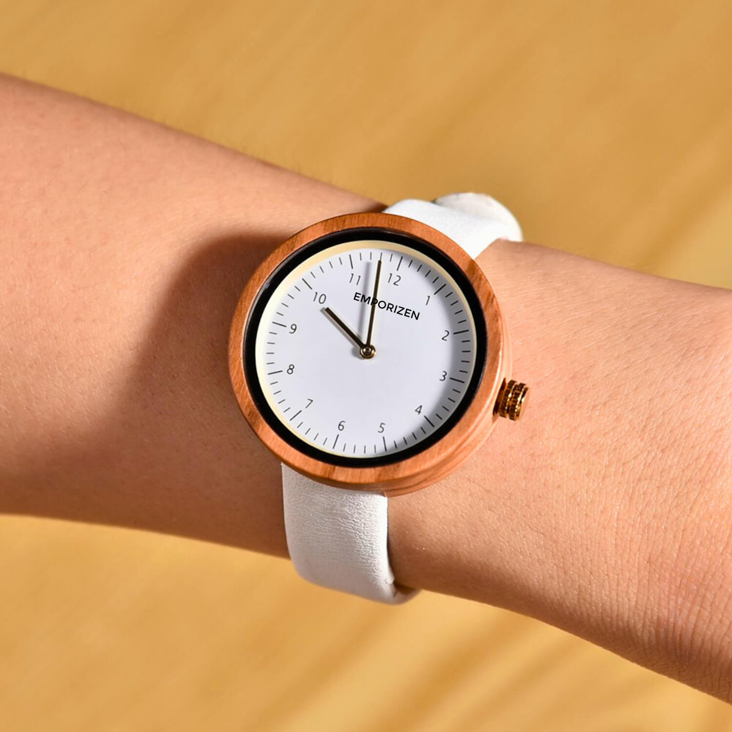 Woman wearing 36mm Women's Leather Wooden Watch Stockholm White on her wrist