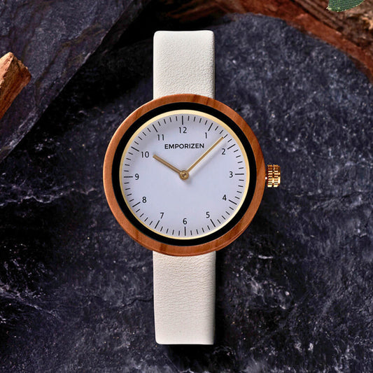 Front view of 36mm Women's Leather Wooden Watch Stockholm White