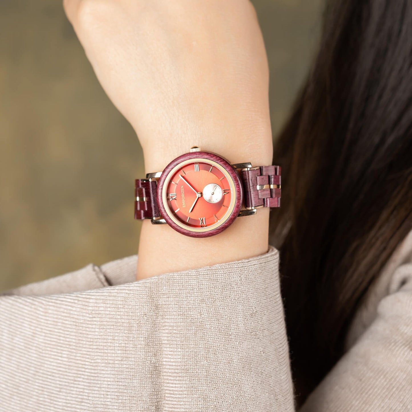 Bride wearing Ruby Stylish Womens Wooden Wrist Watch on her wrist