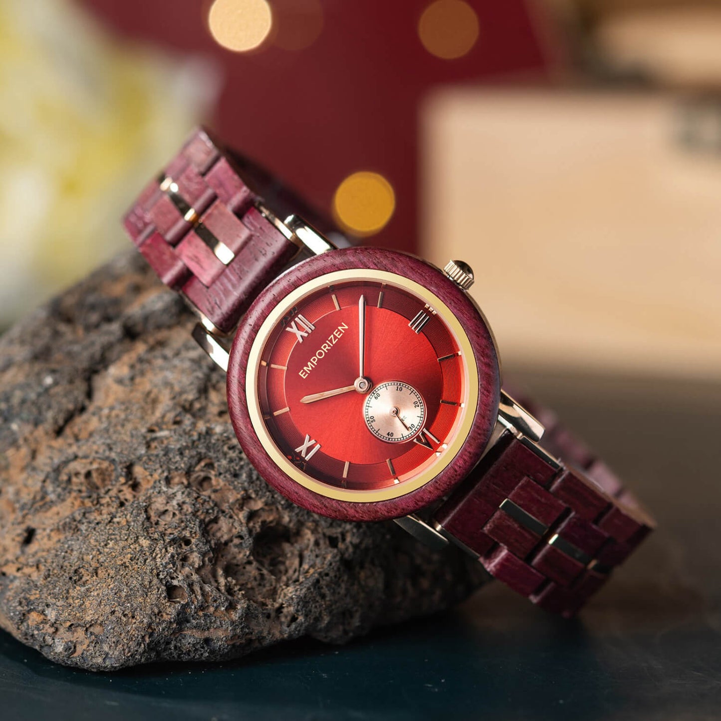 Front view of Stylish Womens Wooden Wrist Watch Ruby