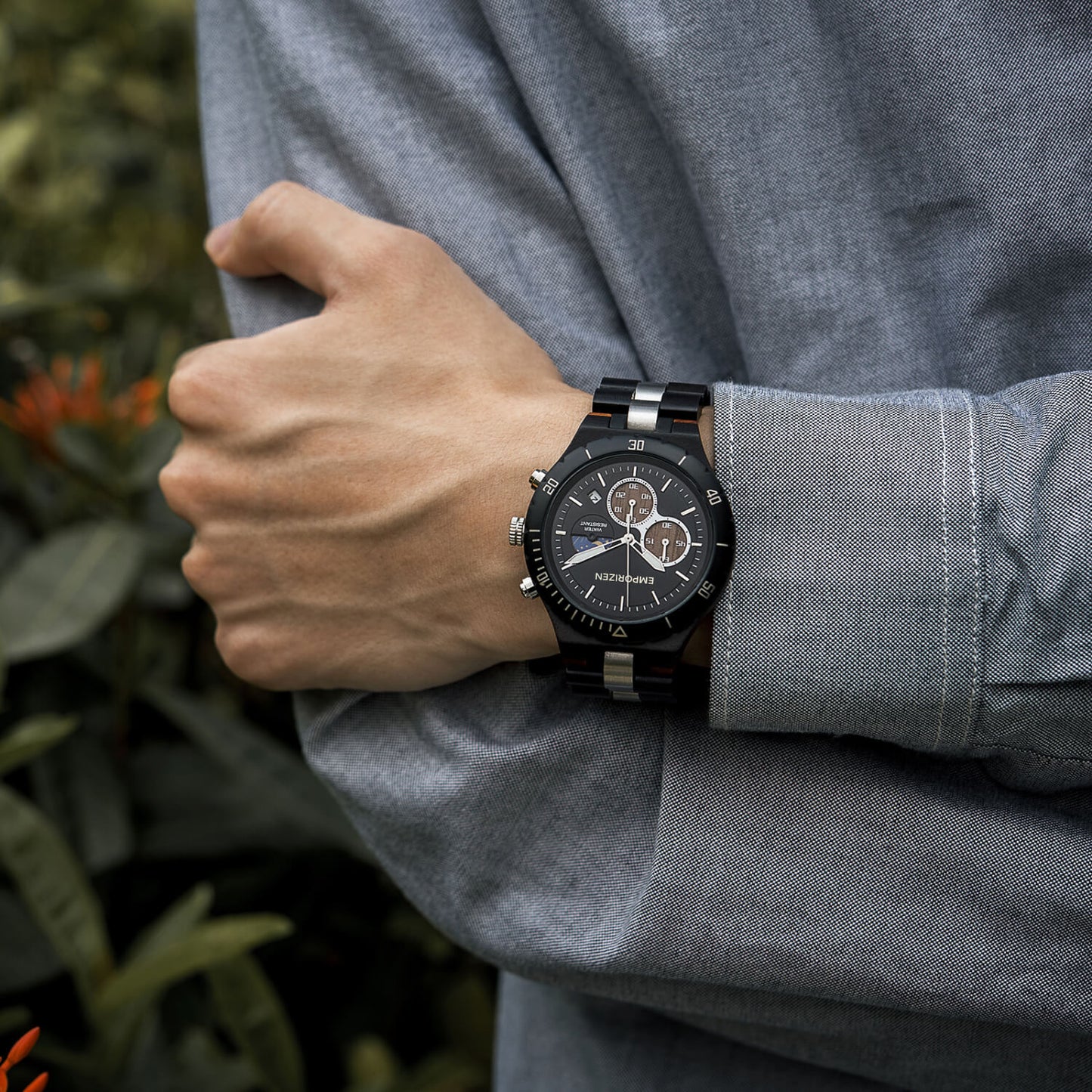 Man wearing Terra Black Men's Chronograph Wood Watch on his wrist