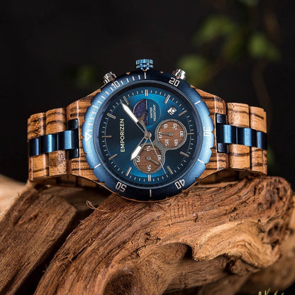 Front view of Terra Blue Men's Chronograph Wood Watch