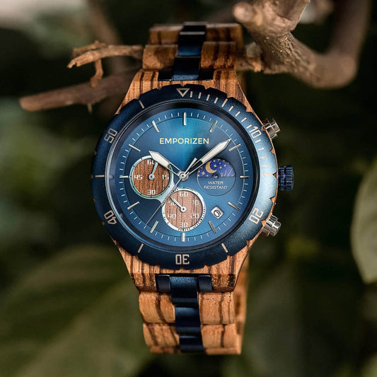 Front view of Terra Blue Men's Chronograph Wood Watch