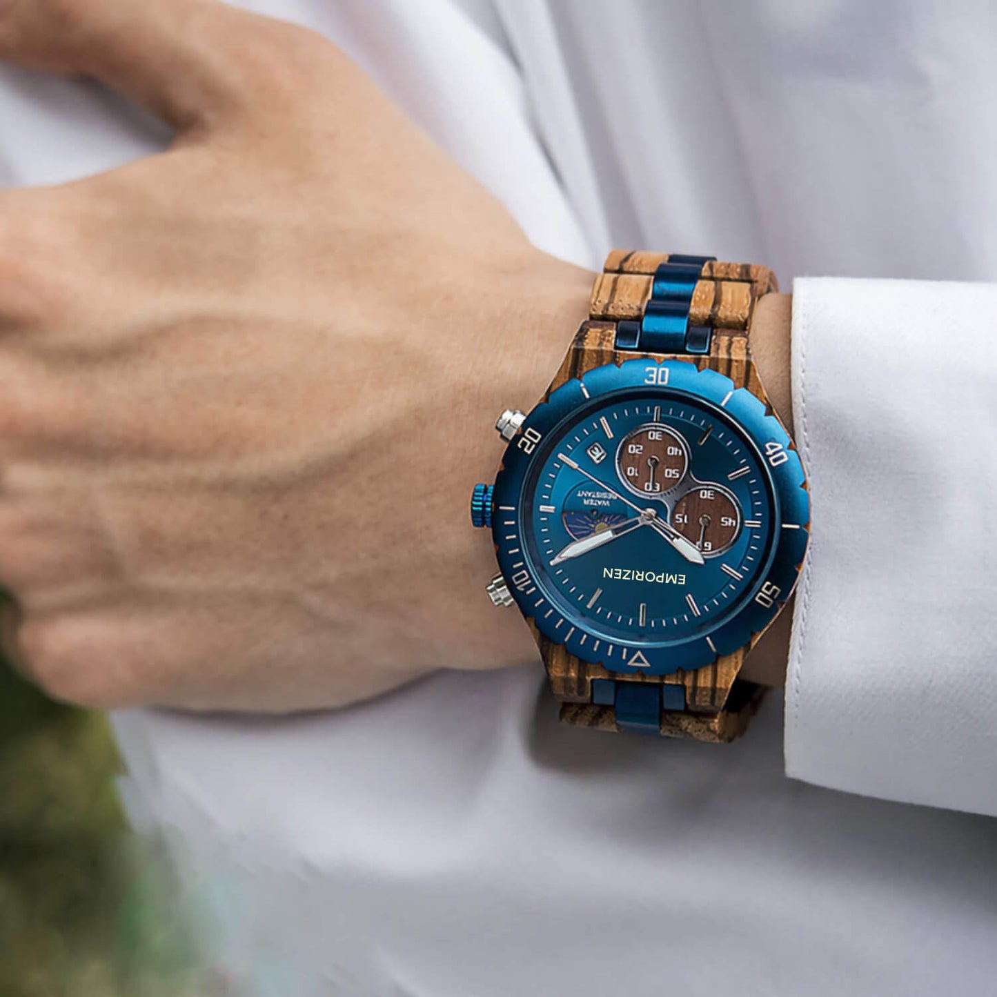 Model wearing Terra Blue Men's Chronograph Wood Watch on his wrist