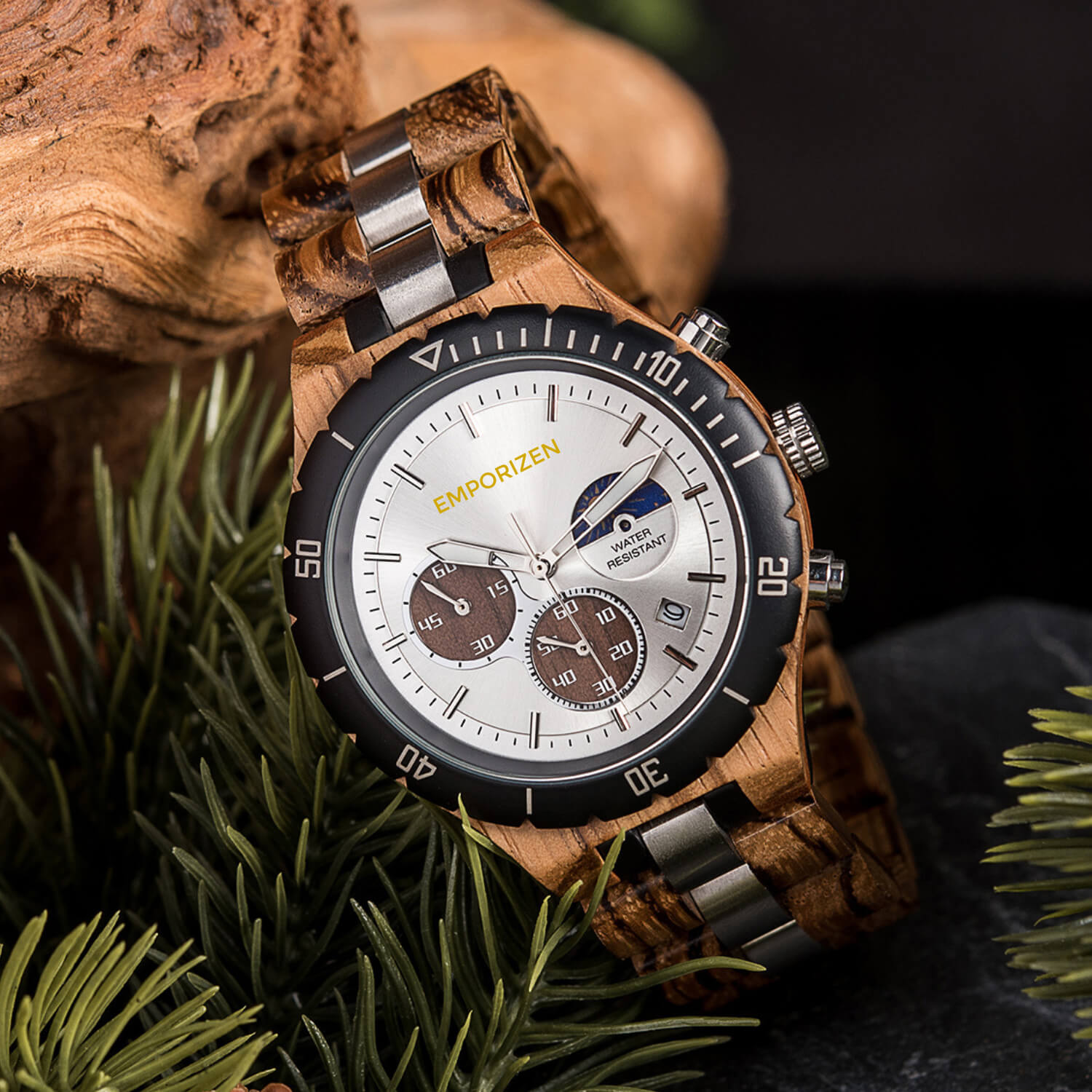 Front view of Terra White Men's Chronograph Wood Watch