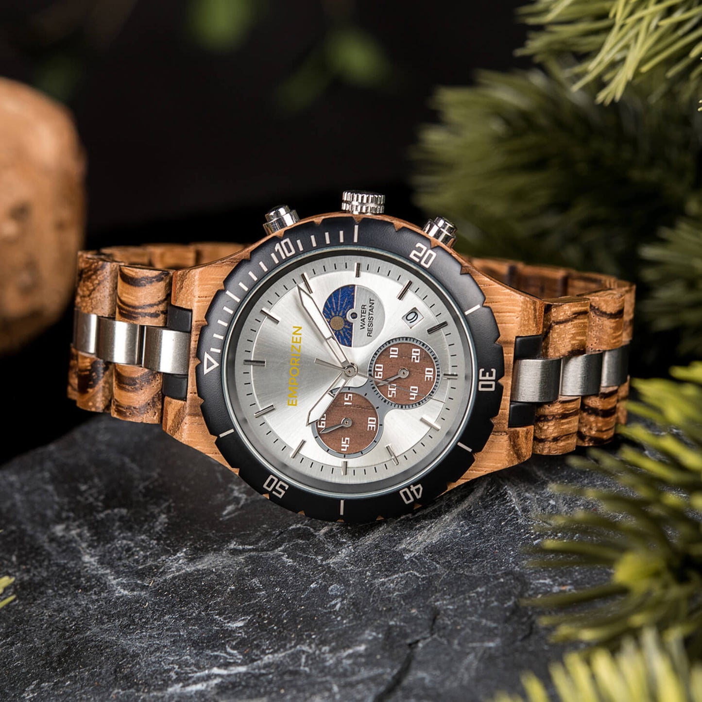 Front view of Terra White Men's Chronograph Wood Watch