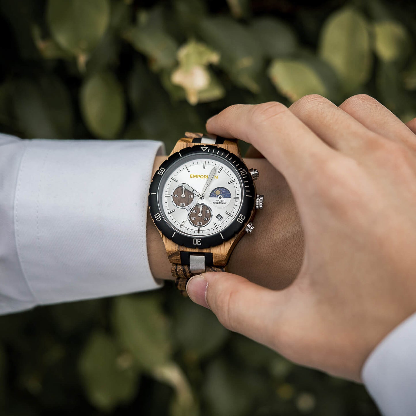 Man wearing Terra White Men's Chronograph Wood Watch on his wrist