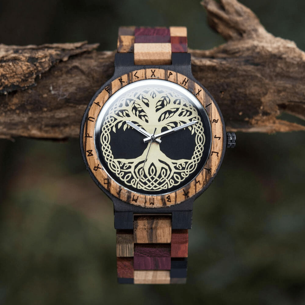 Front view of Tree of Life Viking Wooden Men's Wrist Watch