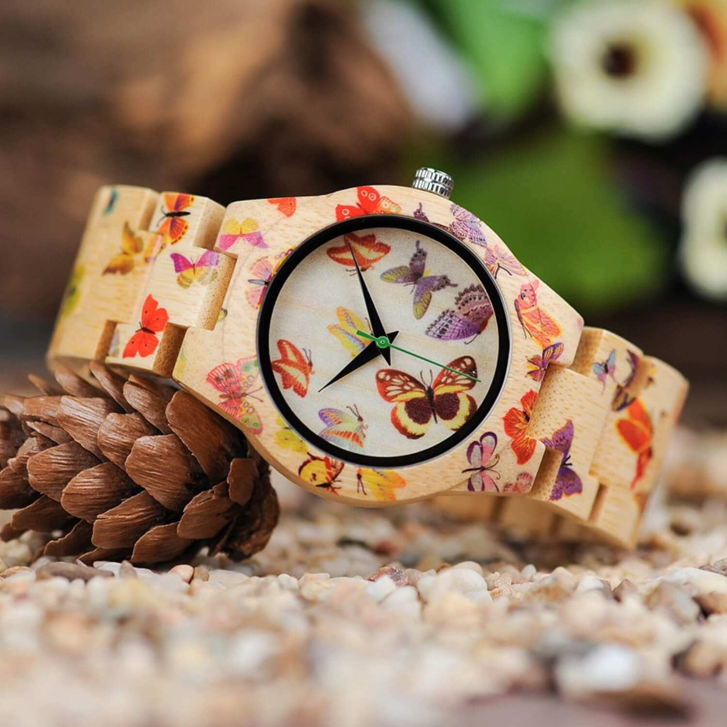 Front view of Kyoto Zen 3 Womens Bamboo Wood Watch with Butterfly Design