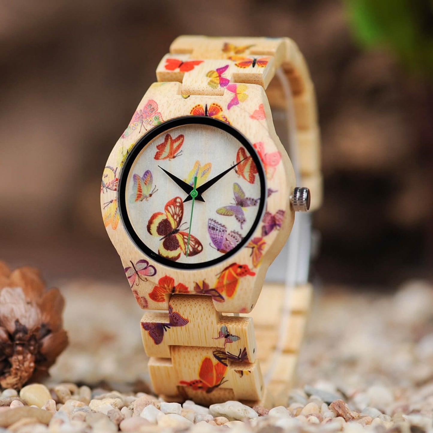 Front view of Kyoto Zen 3 Womens Bamboo Wood Watch with Butterfly Pattern