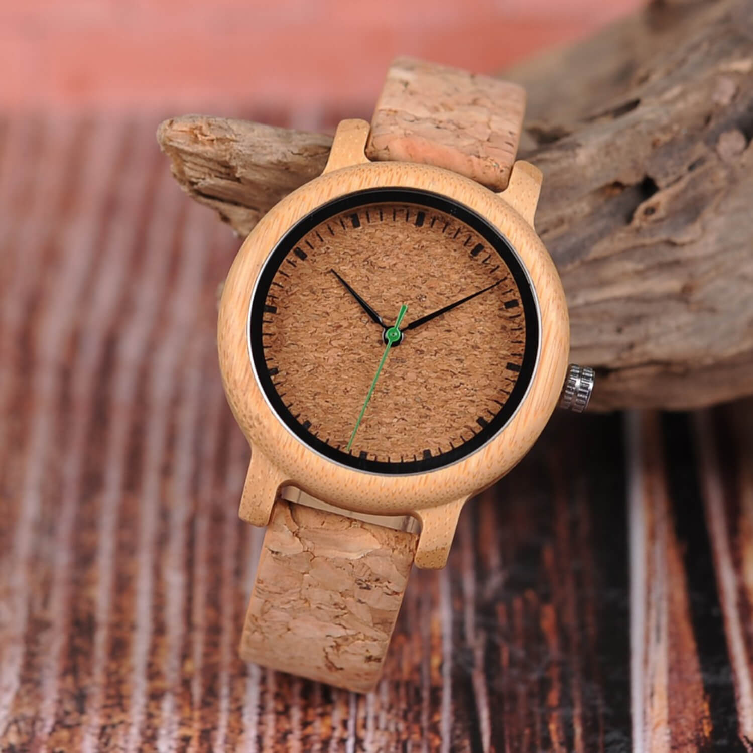 Front view of Kyoto Zen 2 Womens Bamboo Wood Wrist Watch with Cork Strap