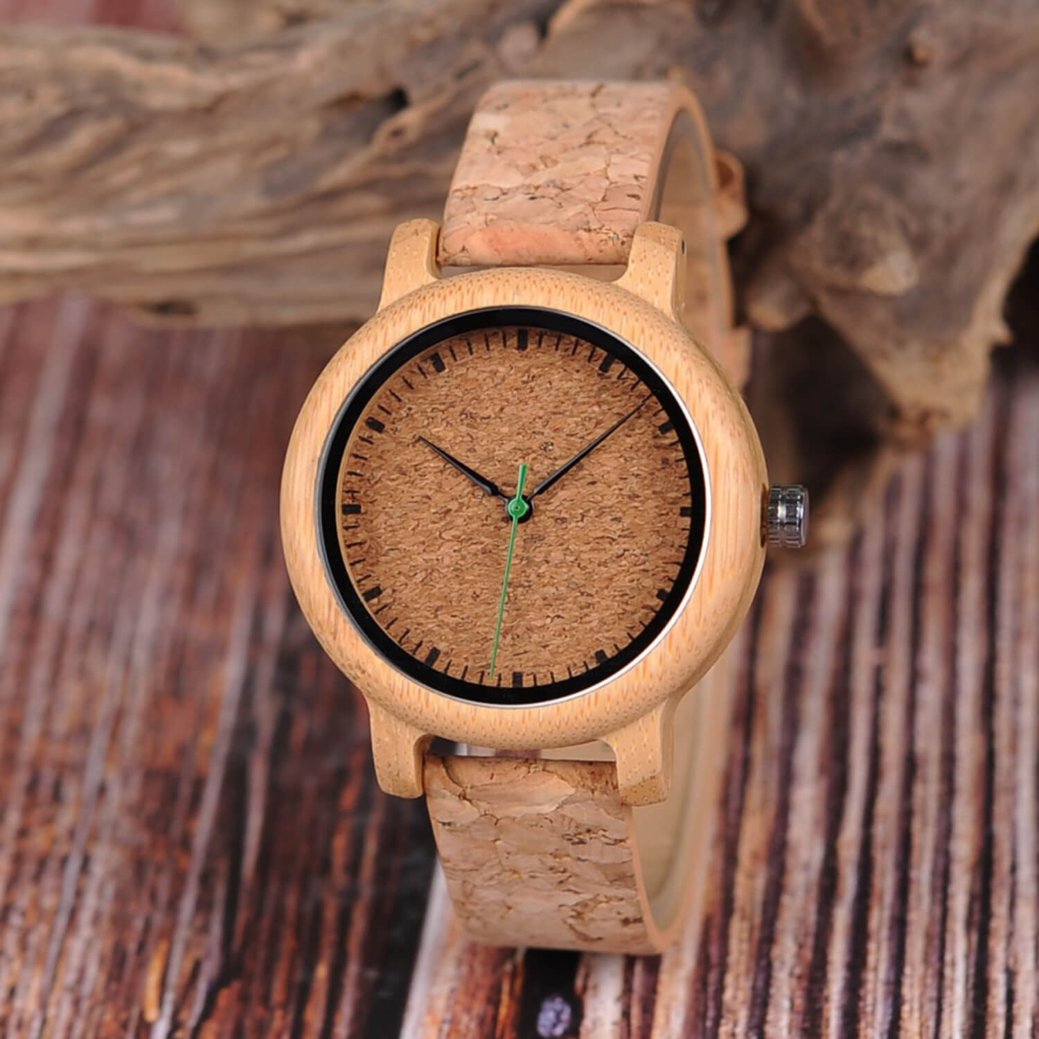 Front view of Kyoto Zen 2 Womens Bamboo Wood Wrist Watch with Cork Strap