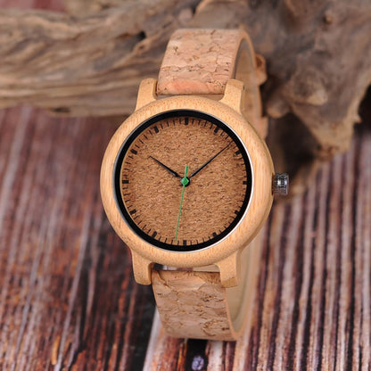 Front view of Kyoto Zen 2 Womens Bamboo Wood Wrist Watch with Cork Strap