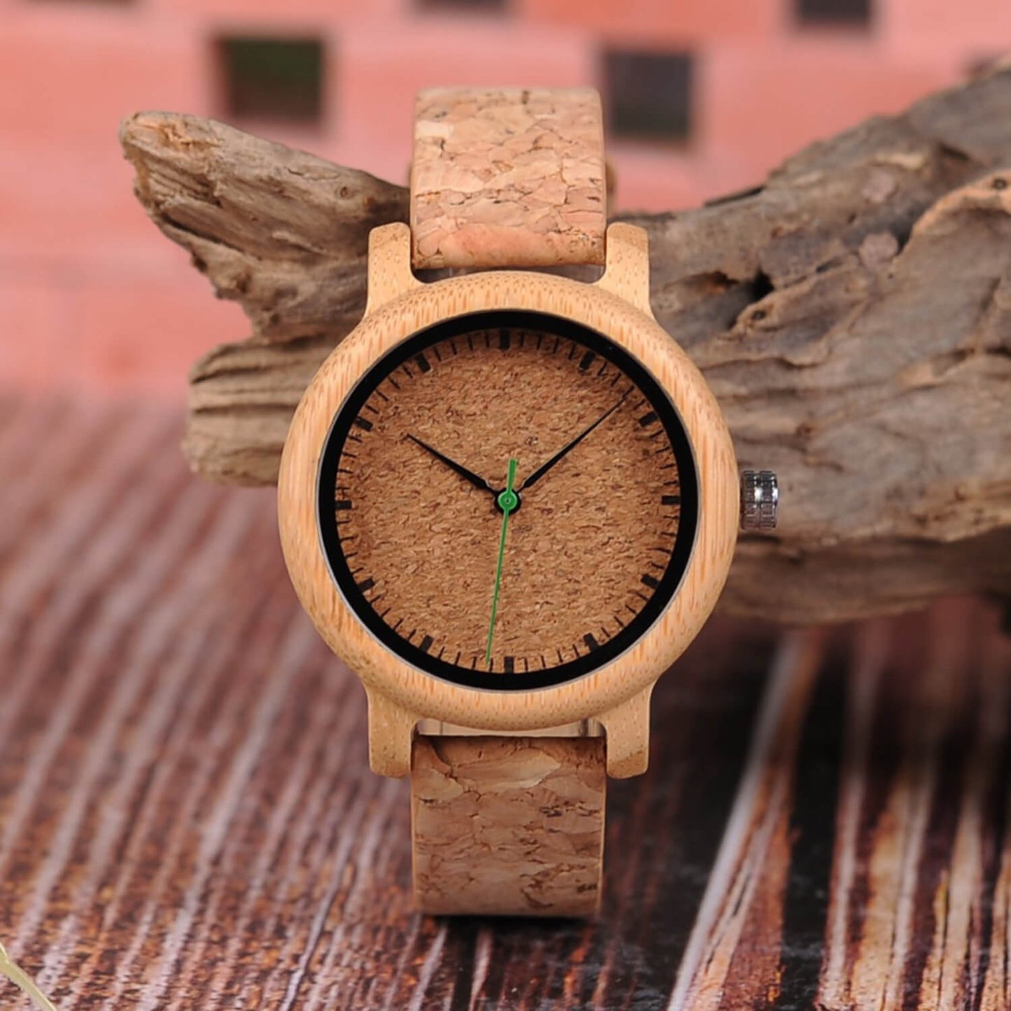 Front view of Kyoto Zen 2 Womens Bamboo Wood Wrist Watch with Cork Strap