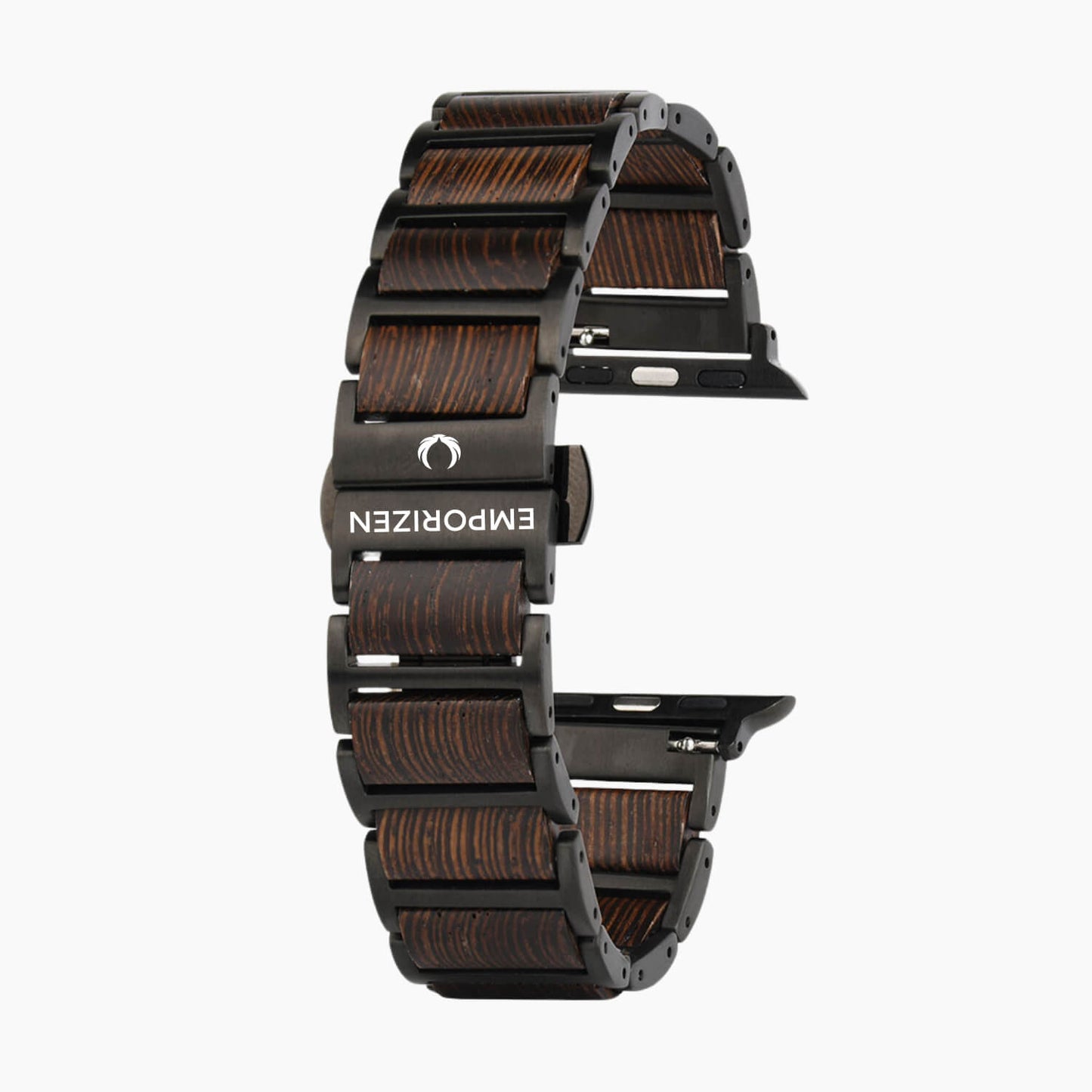 Wooden apple watch strap with metal clasp on a black background