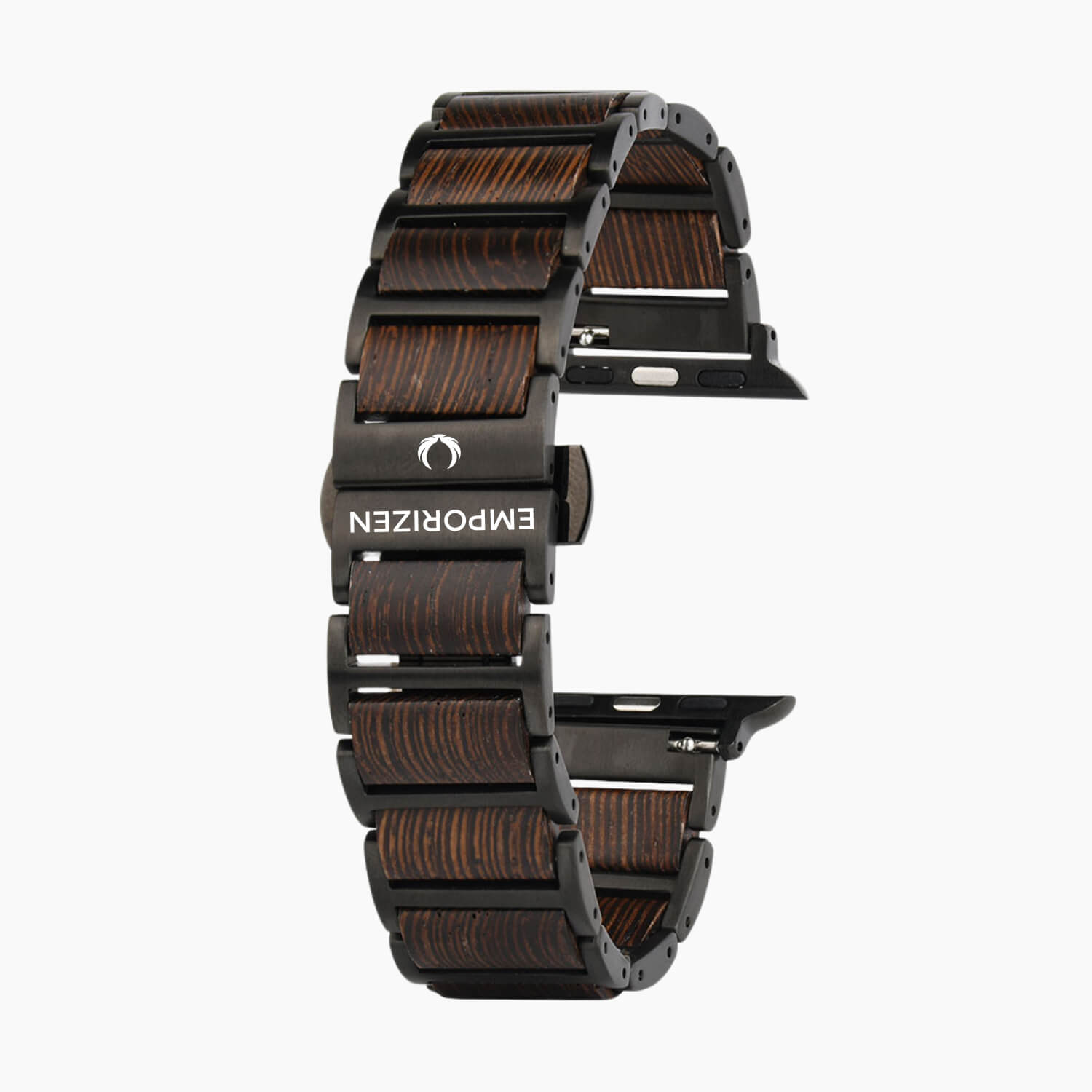 Wooden apple watch strap with metal clasp on a black background