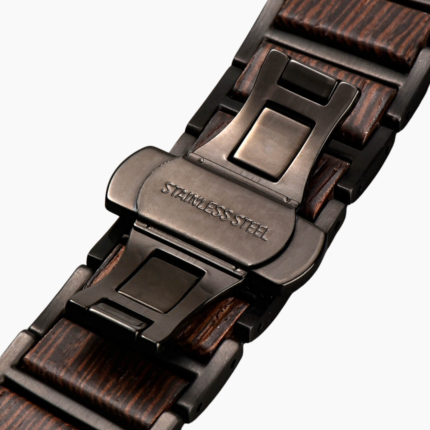 Close-up of a wooden apple watch strap with butterfly clasp