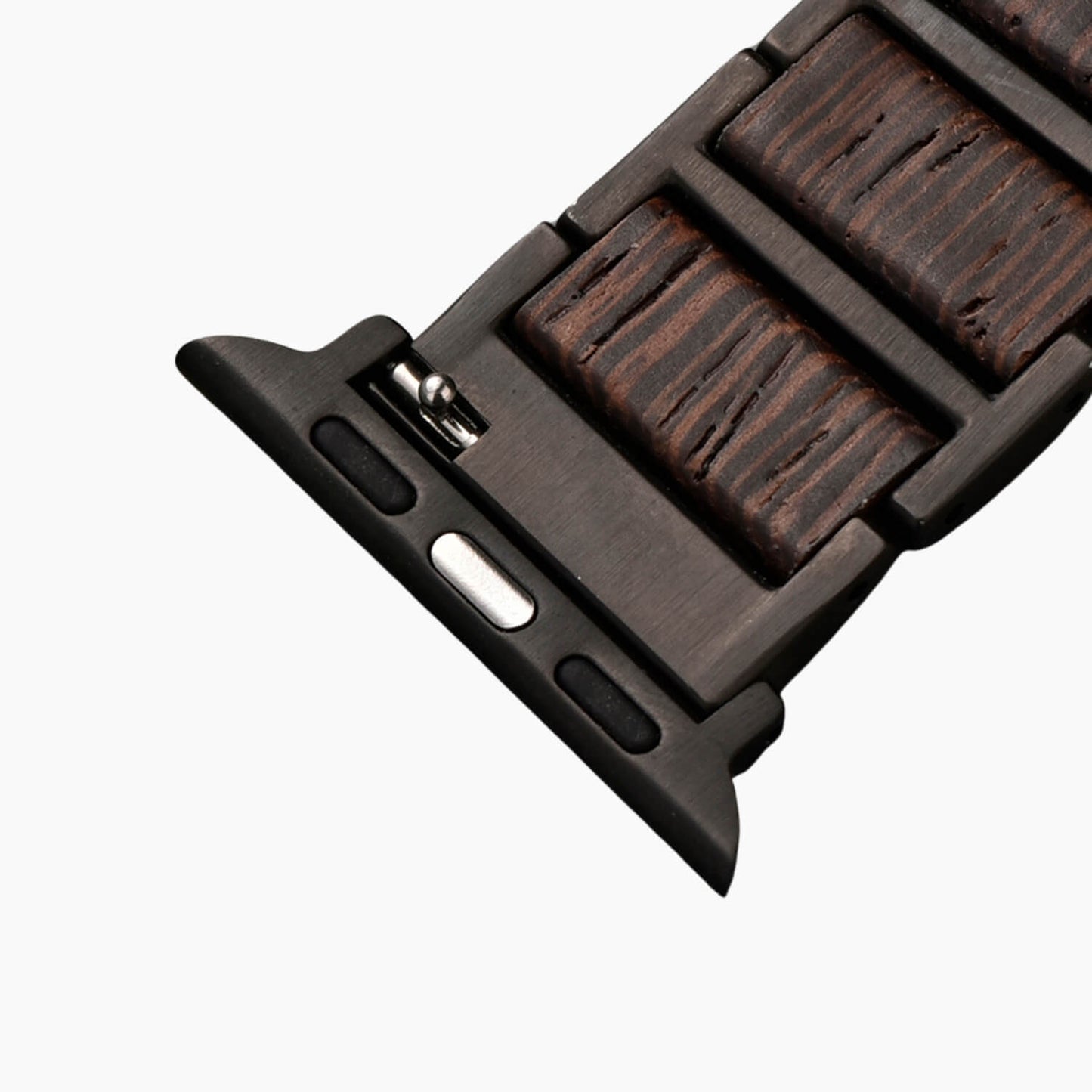 Wooden apple watch strap with metal connector on a dark background