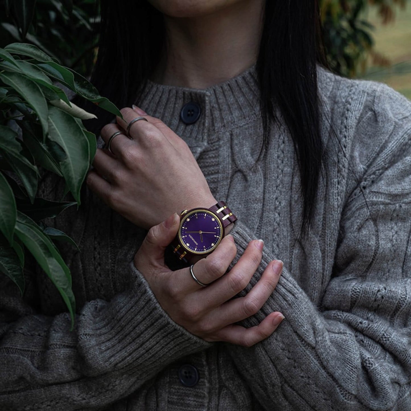 Wife wearing 38mm Wooden Watch for Women with Purple Dial Queen Amethyst on her wrist