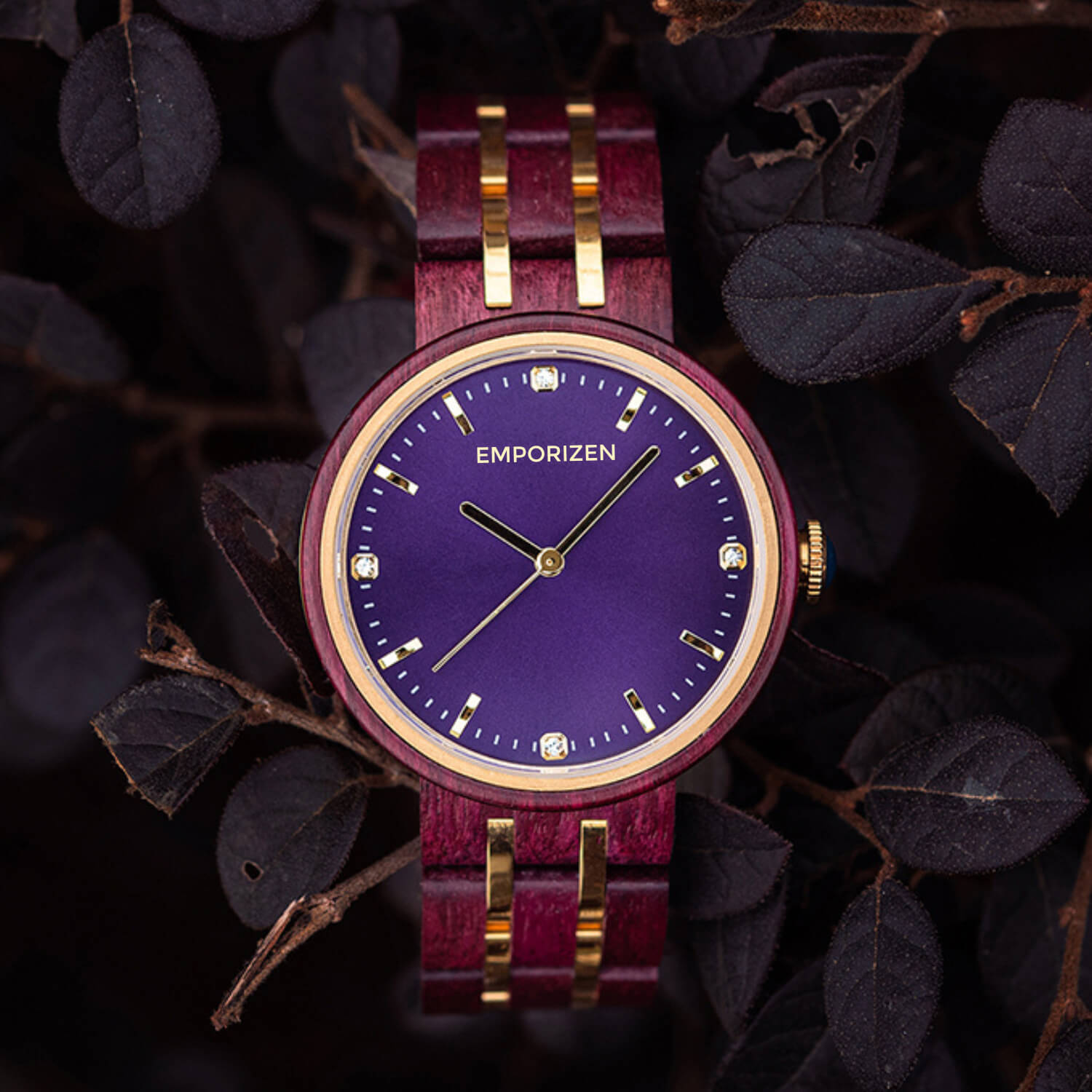 Front view of 38mm Wooden Watch for Women with Purple Dial Queen Amethyst