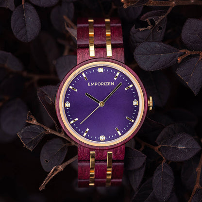 Front view of 38mm Wooden Watch for Women with Purple Dial Queen Amethyst