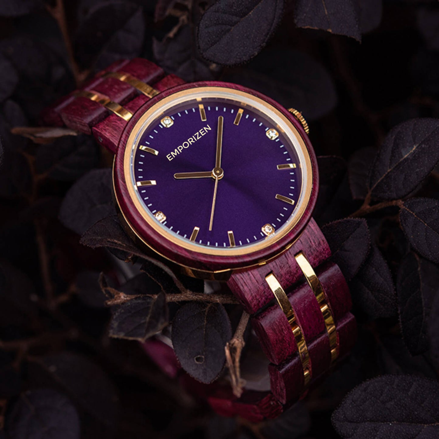 Front view of 38mm Wooden Watch for Women with Purple Dial Queen Amethyst